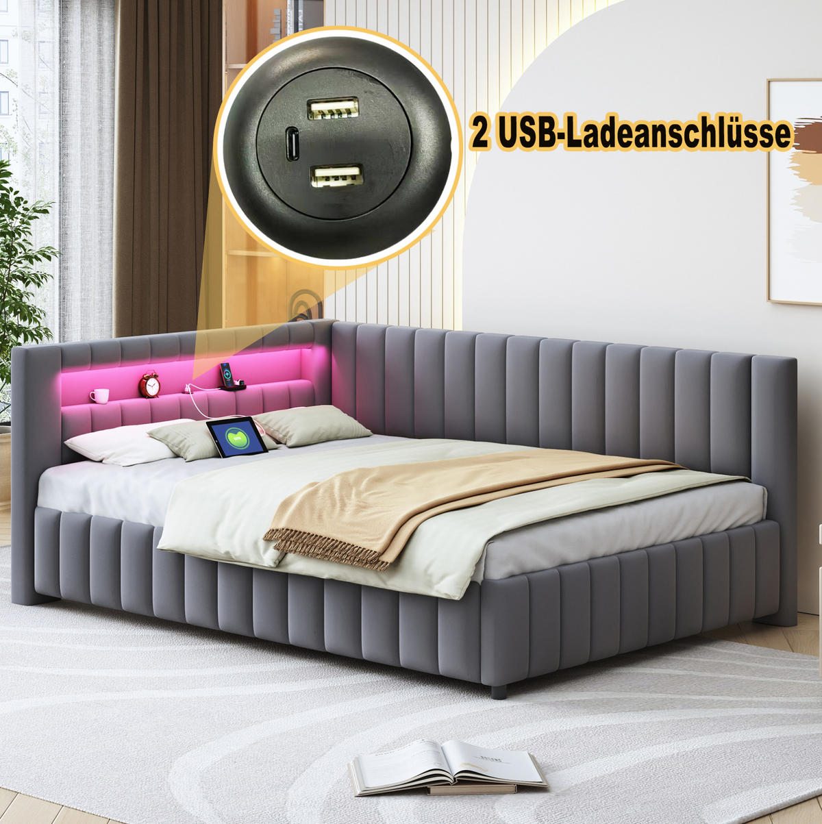 POLSTERBETT 140/200 cm grau aus Samtstoff mit LED-Licht und USB-Anschluss - Grau, Textil (140/200cm) - OKMYHOME