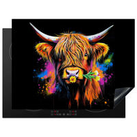 HERDABDECKPLATTE Schottischer Highlander - Graffiti - Bunt - Blume - Tiere Herdabdeckung Induktionsfeld 70x52 cm - Multicolor, Kunststoff (70/52/0.2cm) - MuchoWow