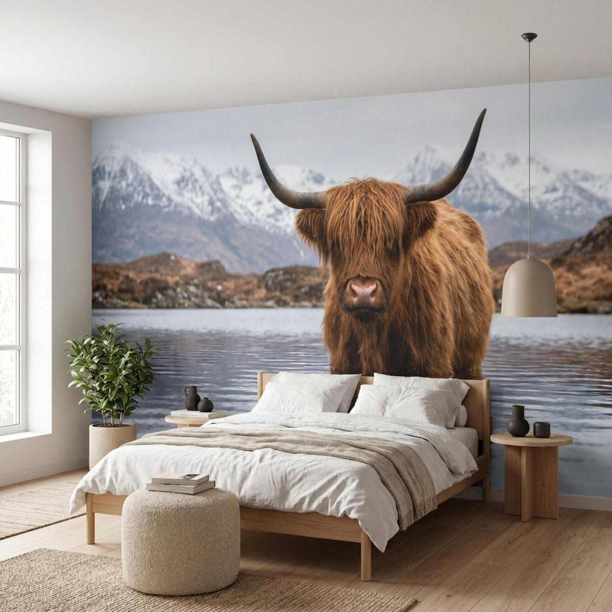TAPETE - Schottischer Hochländer - Braun - Wasser - 400x200 cm - Braun, Papier (400/200cm) - OnlyWow