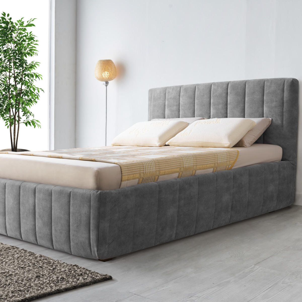 POLSTERBETT Calma Grande 160x200 in Plüsch Cement Green Gray - Graubraun, Holz (160/200cm) - Letti Moderni