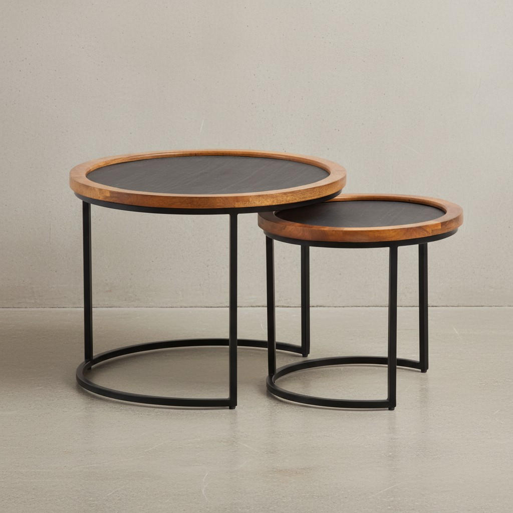 COUCHTISCH Set – 2-teilig Rund Mango Massivholz Steinoptik Metall Braun Anthrazit - Schwarz/Braun, Holz/Metall (60/60/46cm) - KADIMA DESIGN