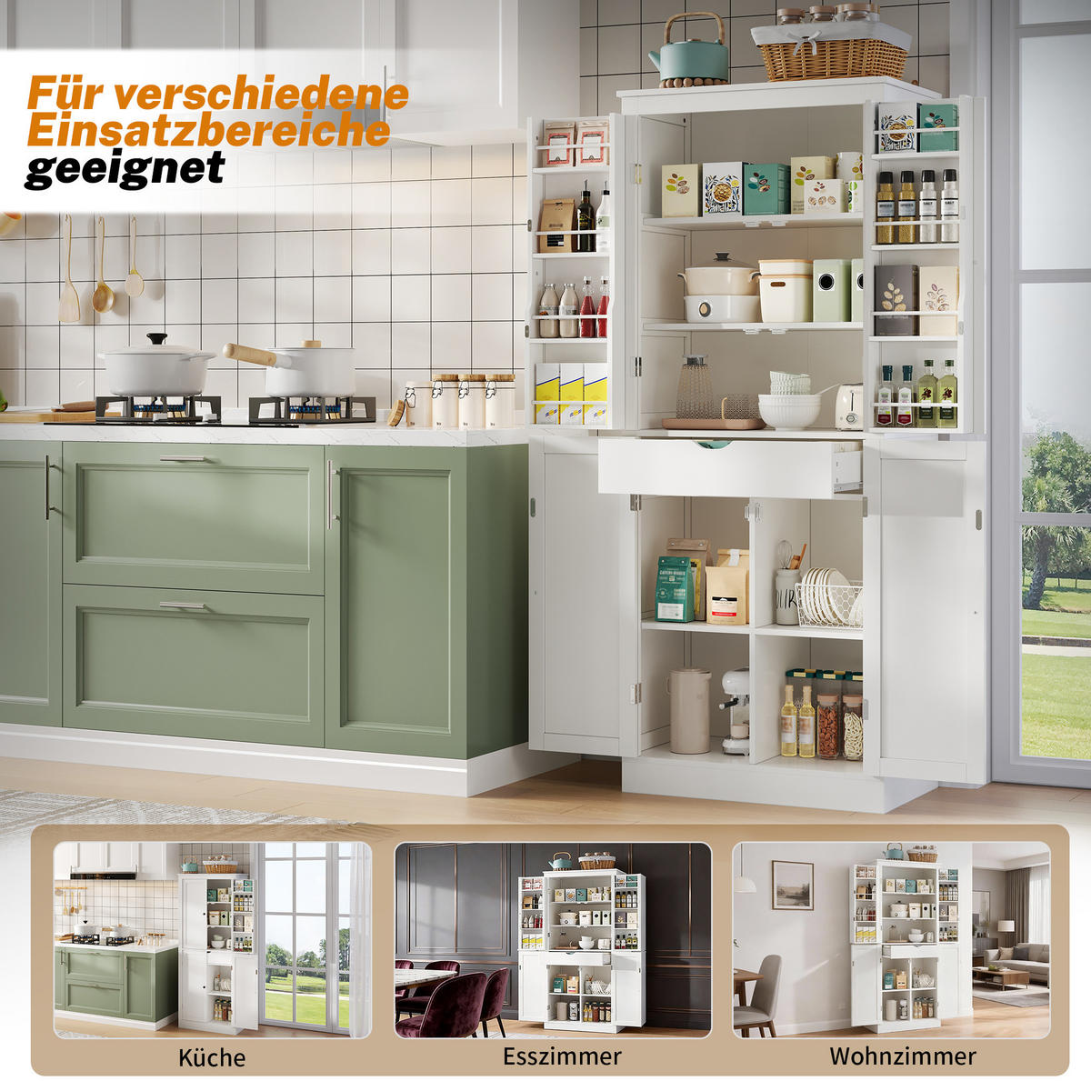 BUFFET aus MDF 75x40x182 cm Weiß mit Schublade, Regalfächern und Kippschutz - Weiß, Holzwerkstoff (75/180/40cm) - Modfu