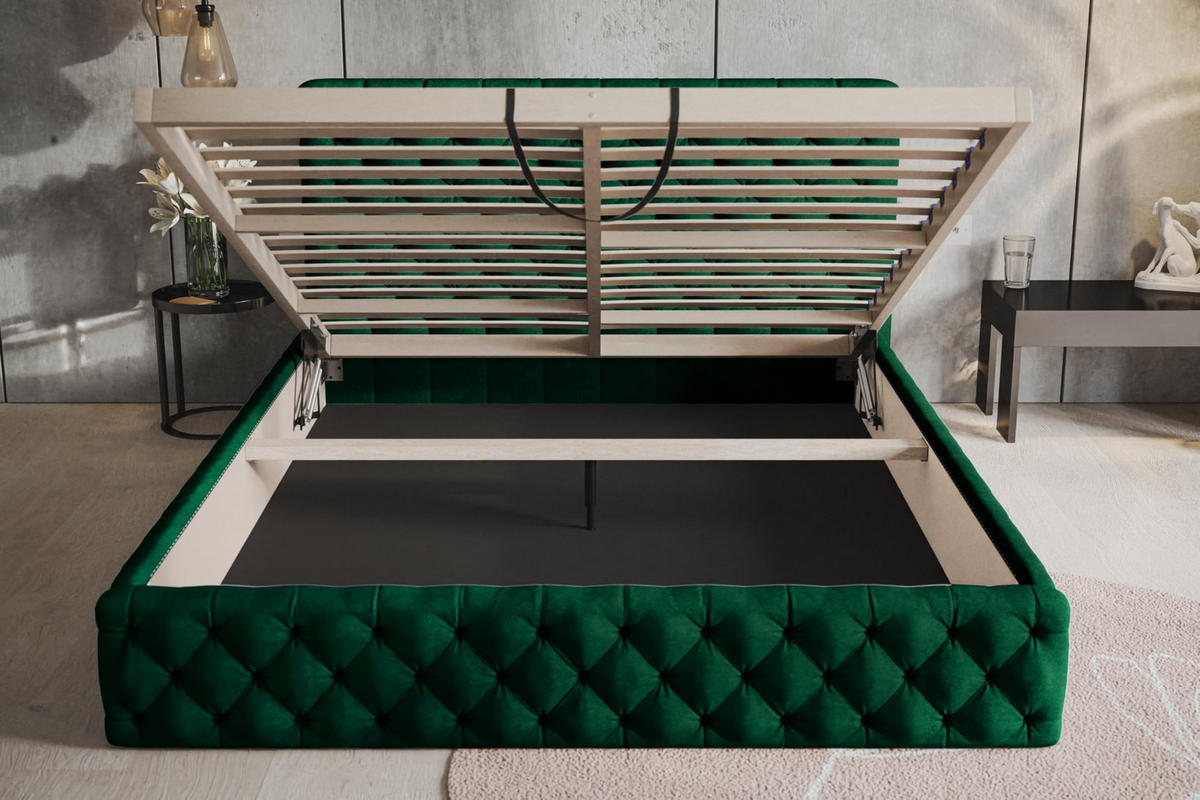 BETT 180x200 - Polsterbett mit Bettkasten und Holzrahmen - Elegant Betten - Glatter Kronos-Stoff - Kollektion Miami, Grün - AlpiMeble - Grün, Holz/Kunststoff (180/200cm) - Alpi-Möbel