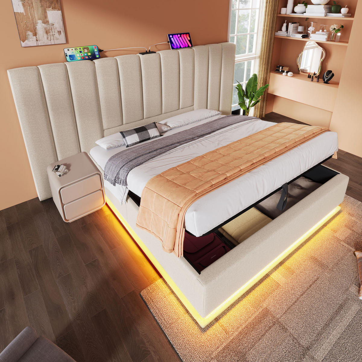 POLSTERBETT 160/200 cm Beige mit Stauraum, LED-Beleuchtung und USB- und Type-C-Anschlüssen - Beige, Textil (160/200cm) - Flora Grace