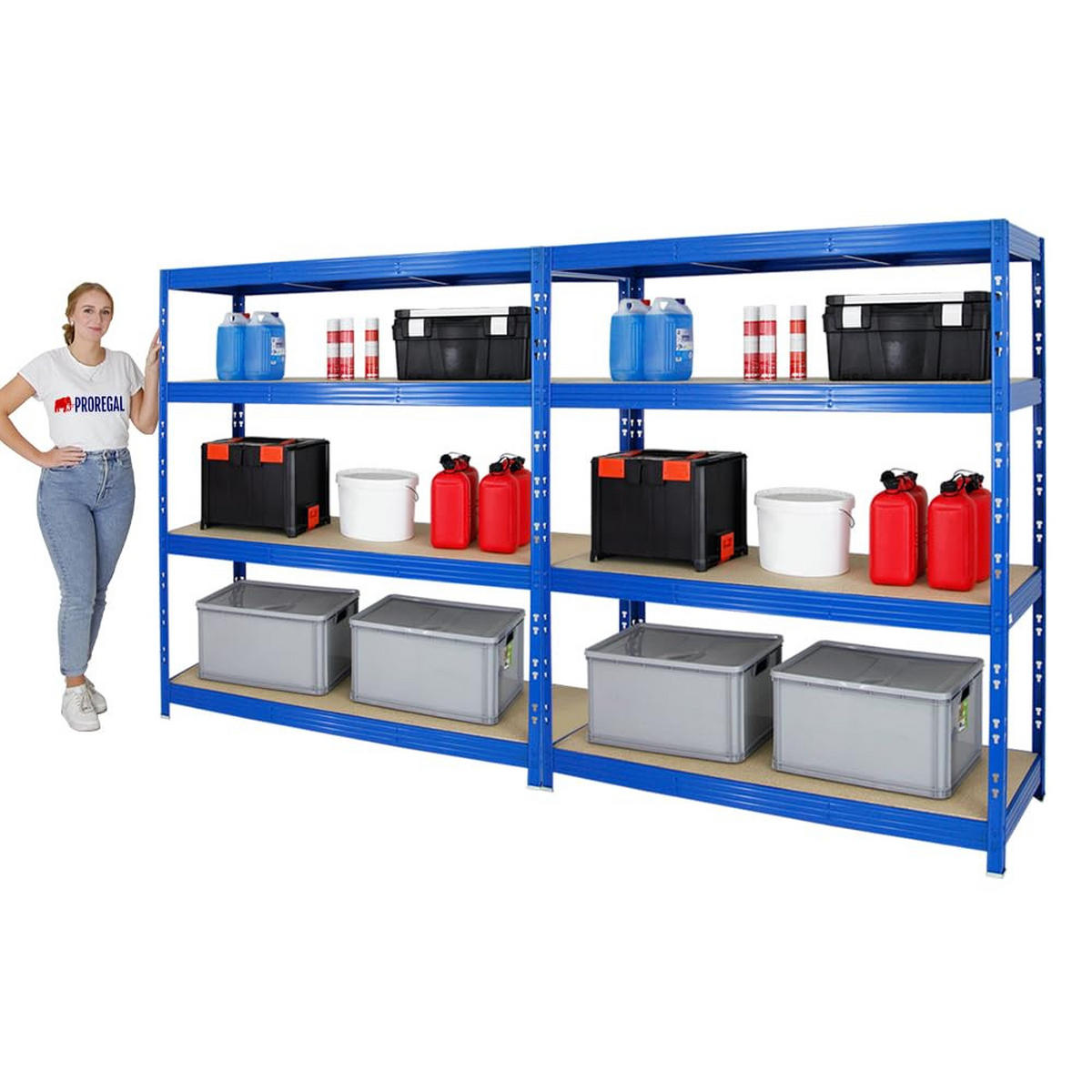 SCHWERLASTREGAL Rhino 2er-Set mit 2x 180x160x60 cm 4 Spanplatten-Ebenen 8mm Fachlast 500 kg Blau - Blau, Metall (320/180/60cm) - PROREGAL