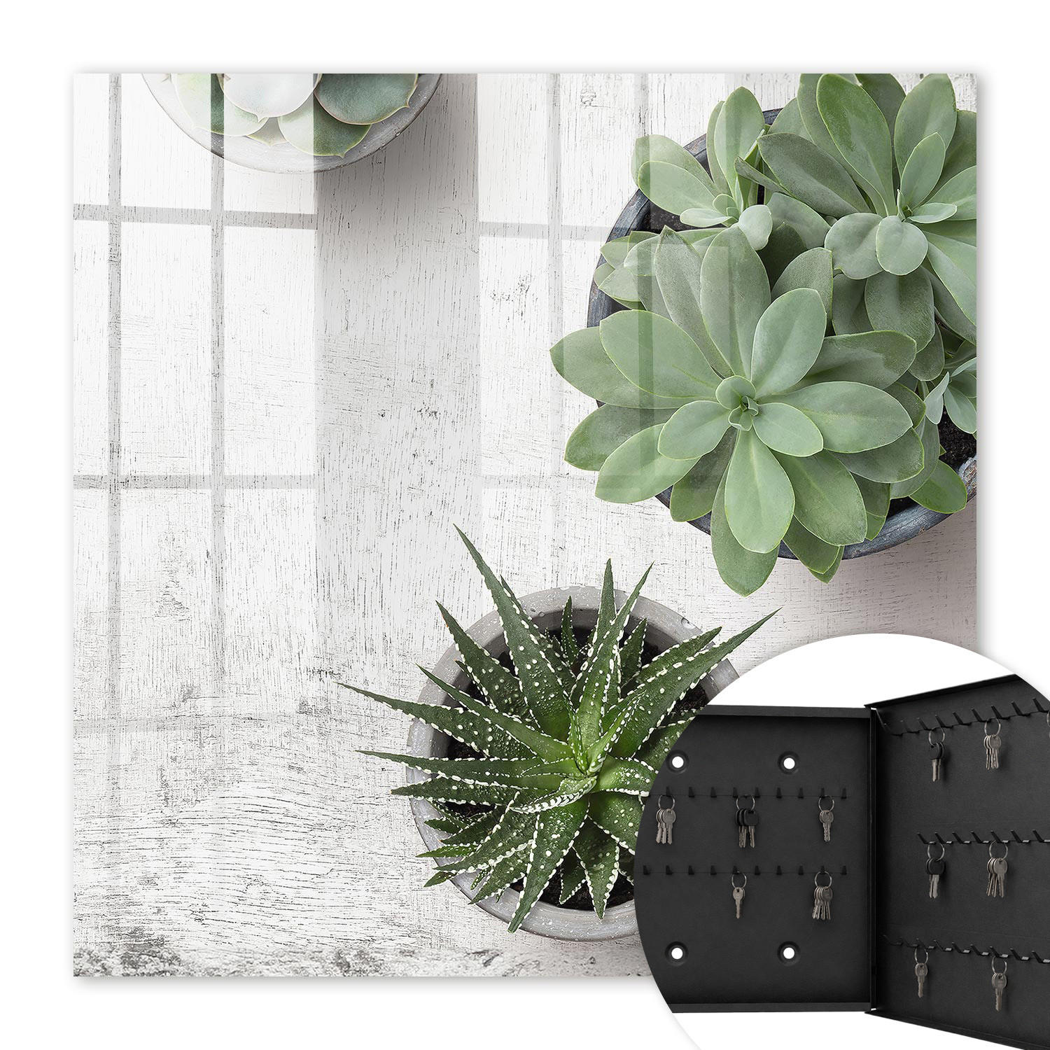 SCHLÜSSELBOX Schwarz 30x30 cm- Türöffnung nach rechts - Grüne Sukkulenten - Grün, Metall (30/30/5cm) - TULUP