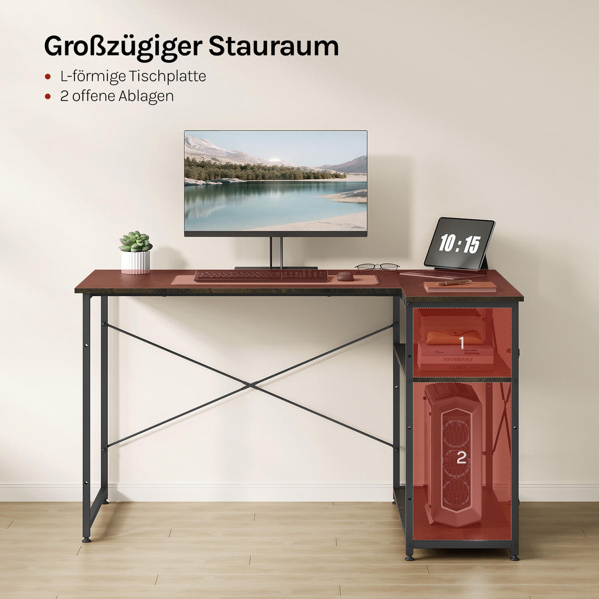 SCHREIBTISCH mit 2 Ablagen,120x74x71,5 cm, Schwarz-Rostfarbe - Rostfarben/Schwarz, Holzwerkstoff/Metall (74/120/71.5cm) - Woltu