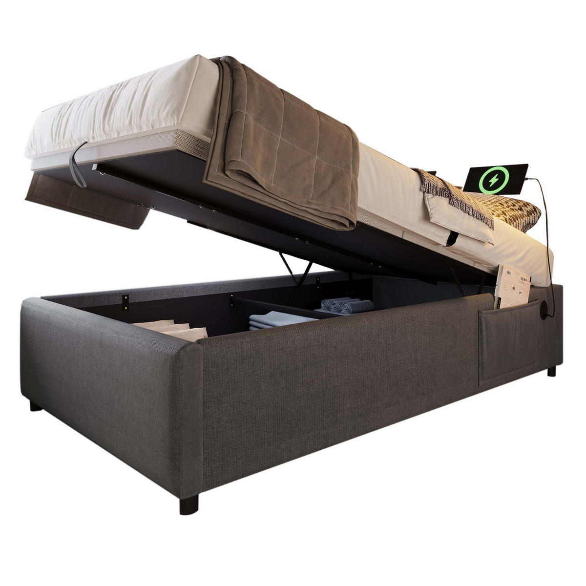 POLSTERBETT 90/190 cm mit Bettkasten, USB-C und Stauraum, ohne Kopfteil - Grau, Textil (90/190cm) - BEAOK