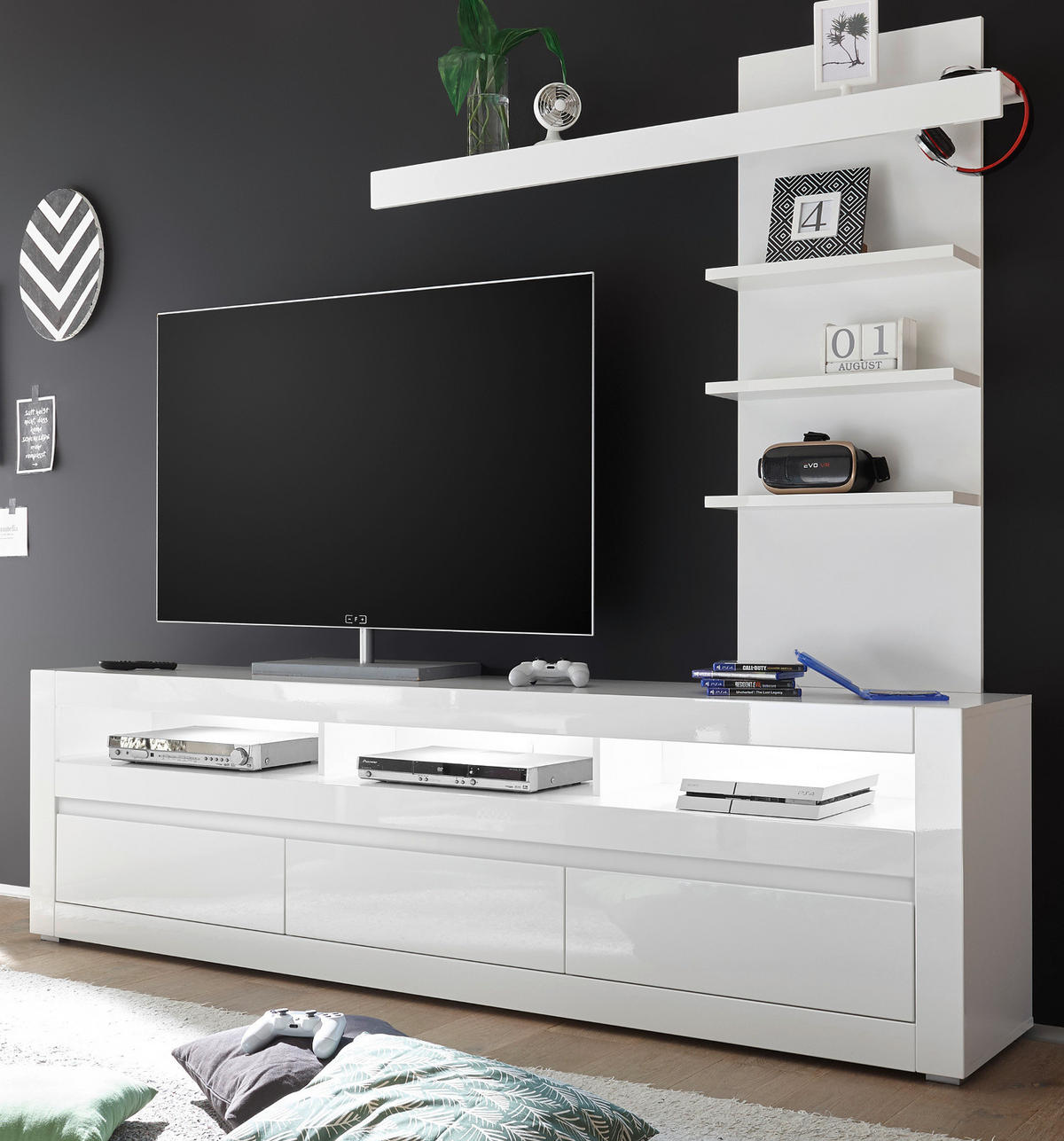 LOWBOARD Hochglanz weiß, Set 2-tlg. inklusive Paneel, TV Unterschrank Soft-Close - Weiß Hochglanz/Weiß, Holzwerkstoff/Kunststoff (217/163/42cm) - Furn.Design