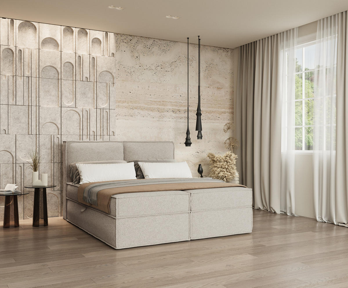 BOXBETT Bergen Hellbeige 140/200 cm mit Matratze - Beige/Schwarz, Holz/Holzwerkstoff (140/200cm) - Maison de Reve