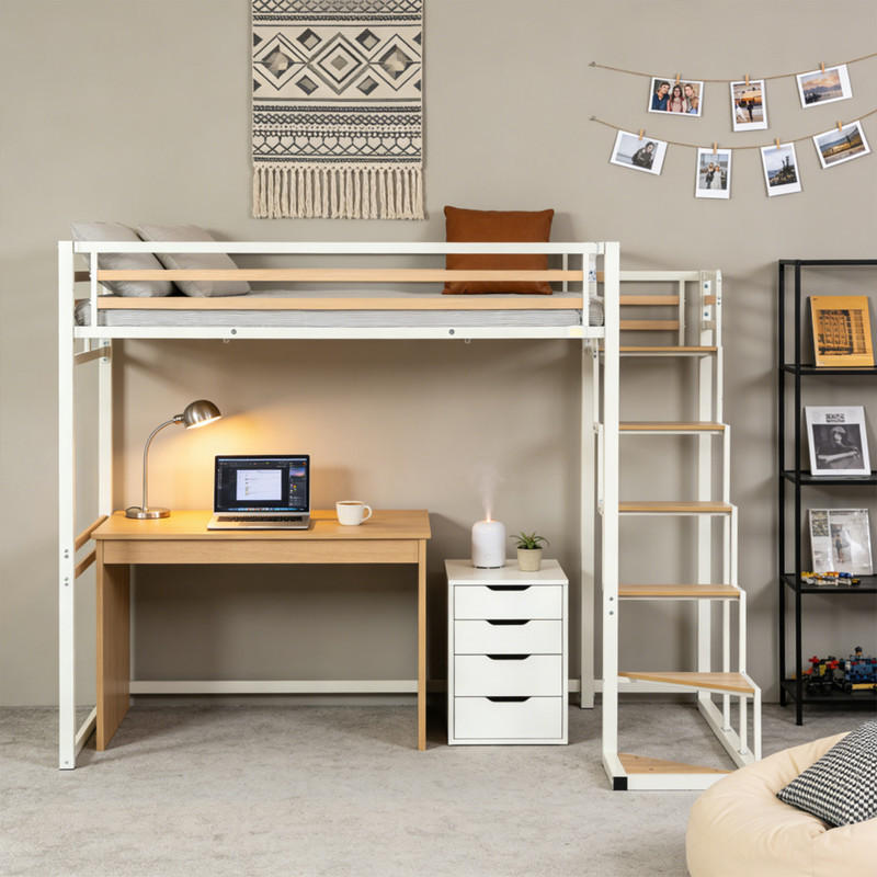 HOCHBETT mit Treppe und Arbeitsbereich – Metallbett Weiß/Eicheoptik, platzsparendes Loftbett mit Schreibtischbereich - Weiß, Metall (148/201cm) - Meubles Cosy