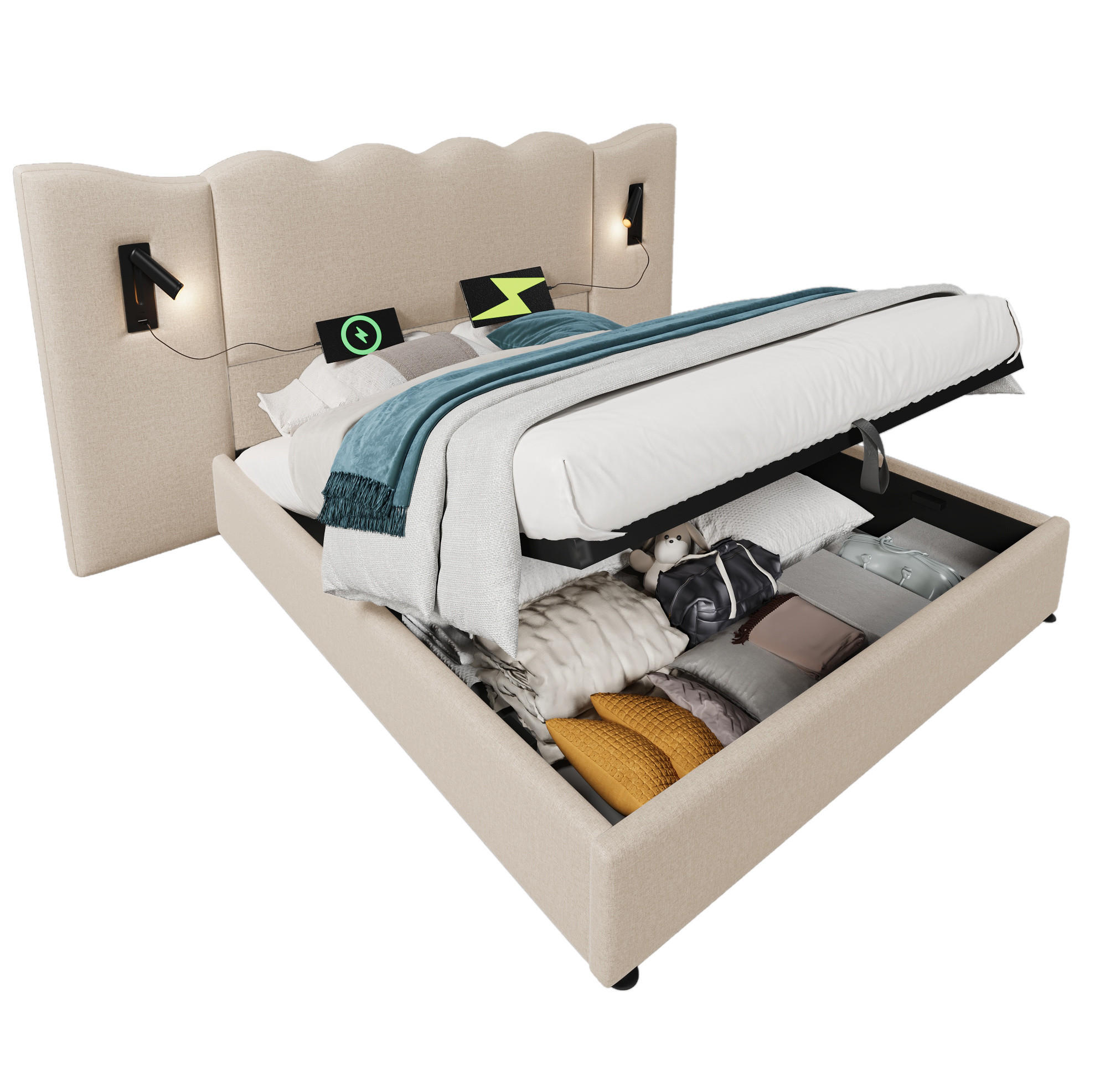 POLSTERBETT 180/200 cm mit USB-C, Leselampe und hydraulischem Bettkasten aus Leinen, Beige - Beige, Leder (180/200cm) - Redom
