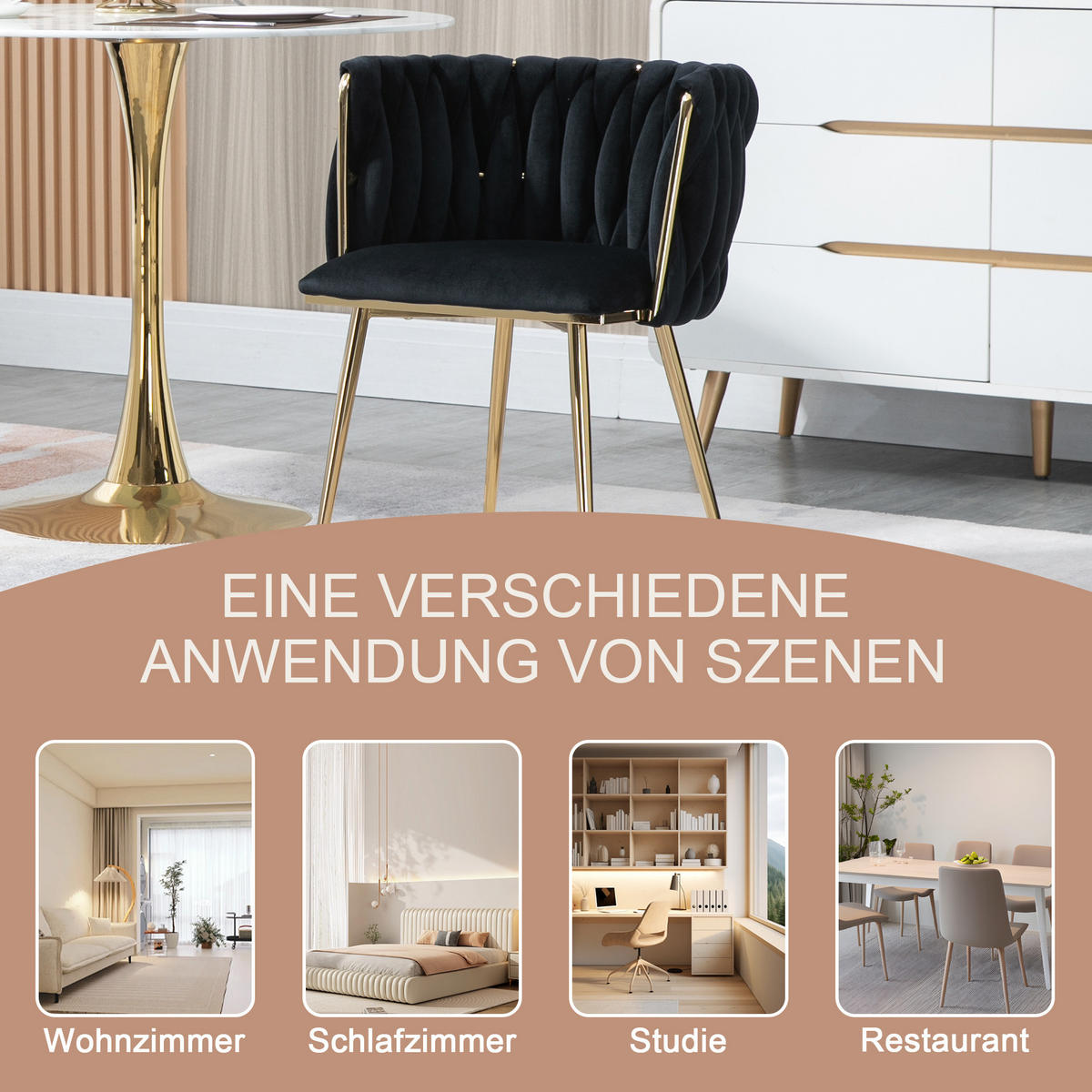 ESSZIMMERSTUHL 2er-Set aus Samt mit Goldbeinen - Schwarz, Textil (55.5/74/41cm)