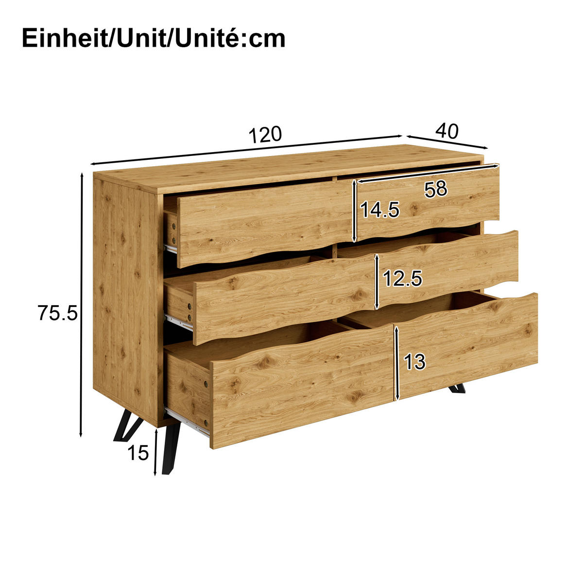 SIDEBOARD mit 6 Schubladen, Holzoptik mit wellenförmigen Fronten und schwarzen Metallfüßen, 120/40/75,5 cm,Naturfarben - Naturfarben, Holzwerkstoff (120/75.5/40cm) - Redom