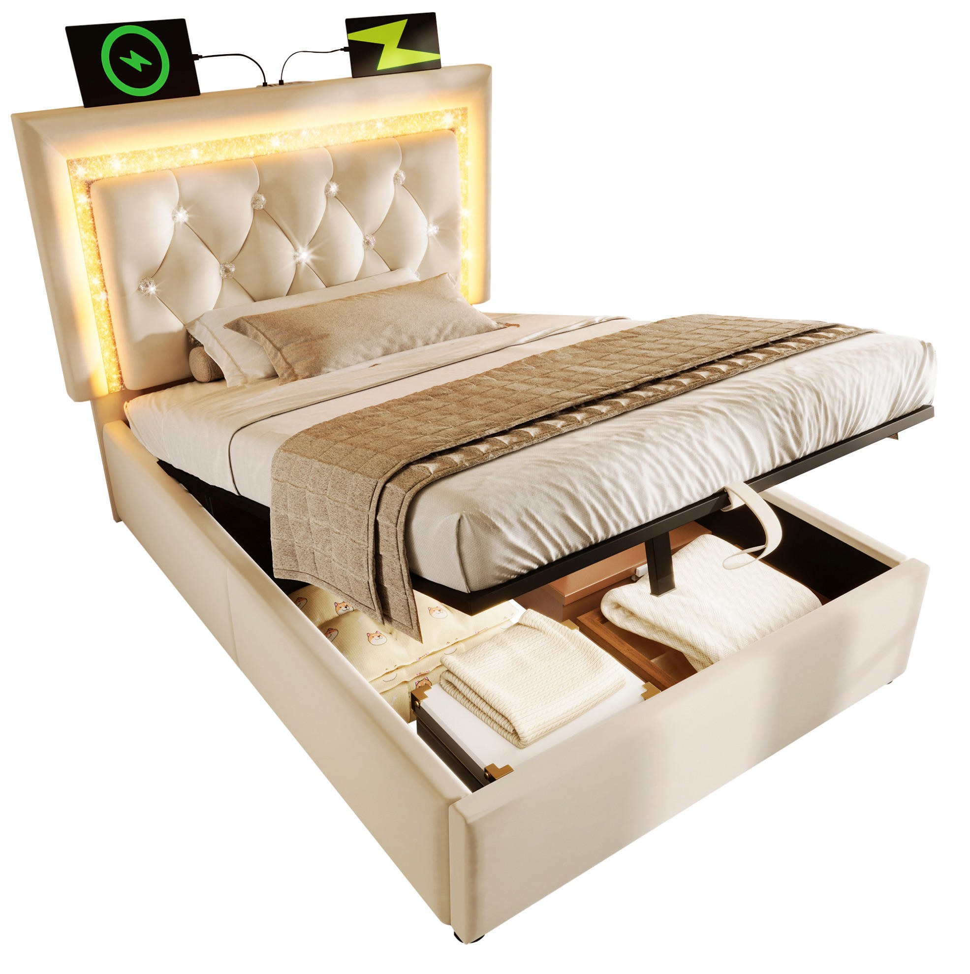 POLSTERBETT 90/200 cm Beige aus Samt mit Stauraum und LED-Beleuchtung mit Matratze - Beige, Textil (90/200cm) - OKWISH