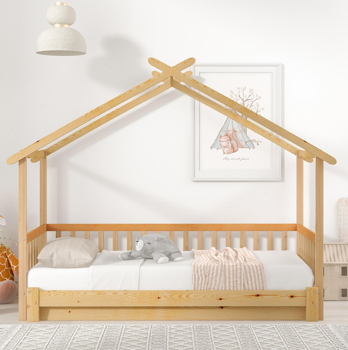 HAUSBETT 90/200 cm Natur aus massivem Holz ausziehbar - Naturfarben, Holz (90/200cm) - OKWISH