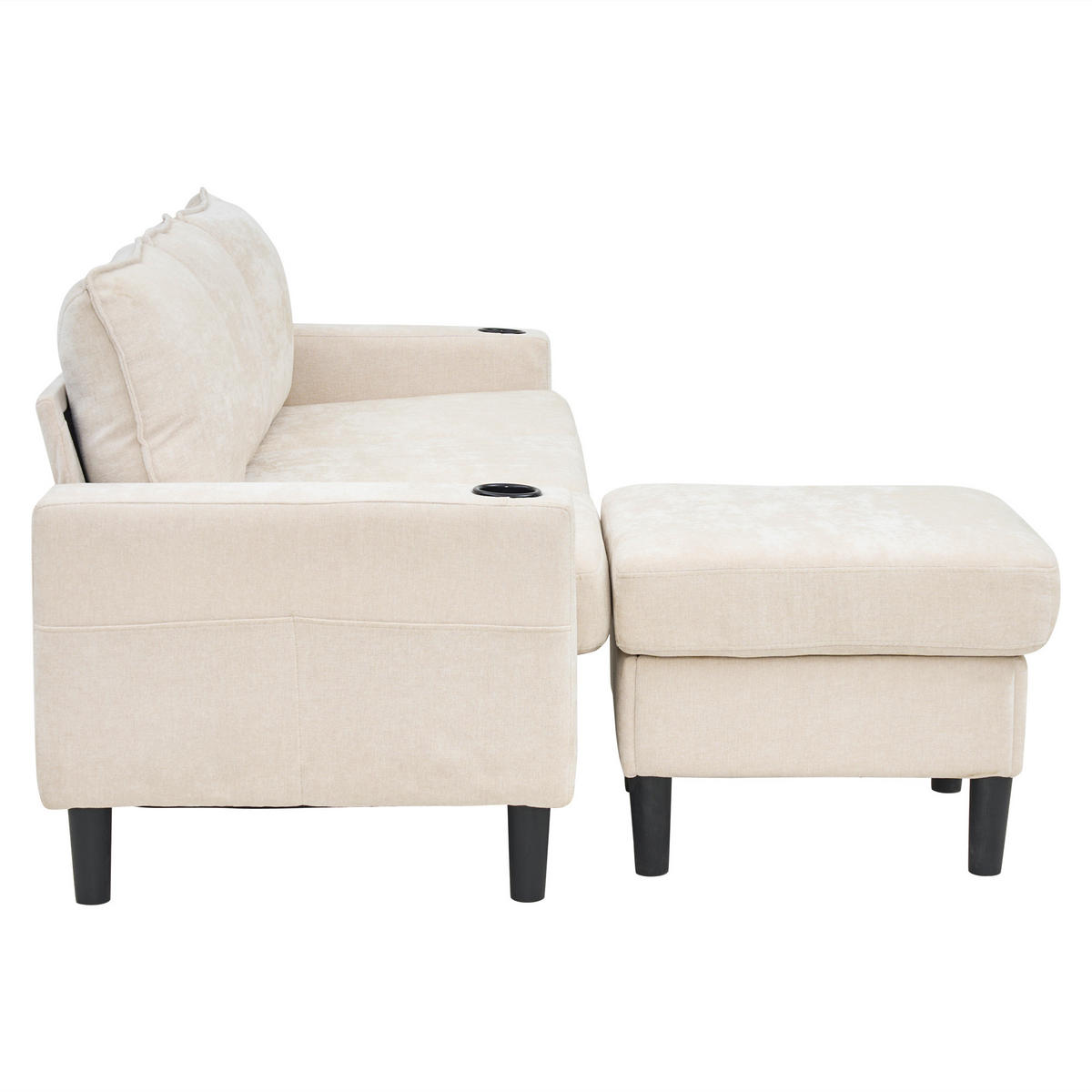 ECKSOFA L-Form 3-Sitzer mit zwei Getränkehaltern und USB und Typ-C-Anschlüssen Beige 202/137/80 cm - Beige, Textil (202/137cm) - OKWISH