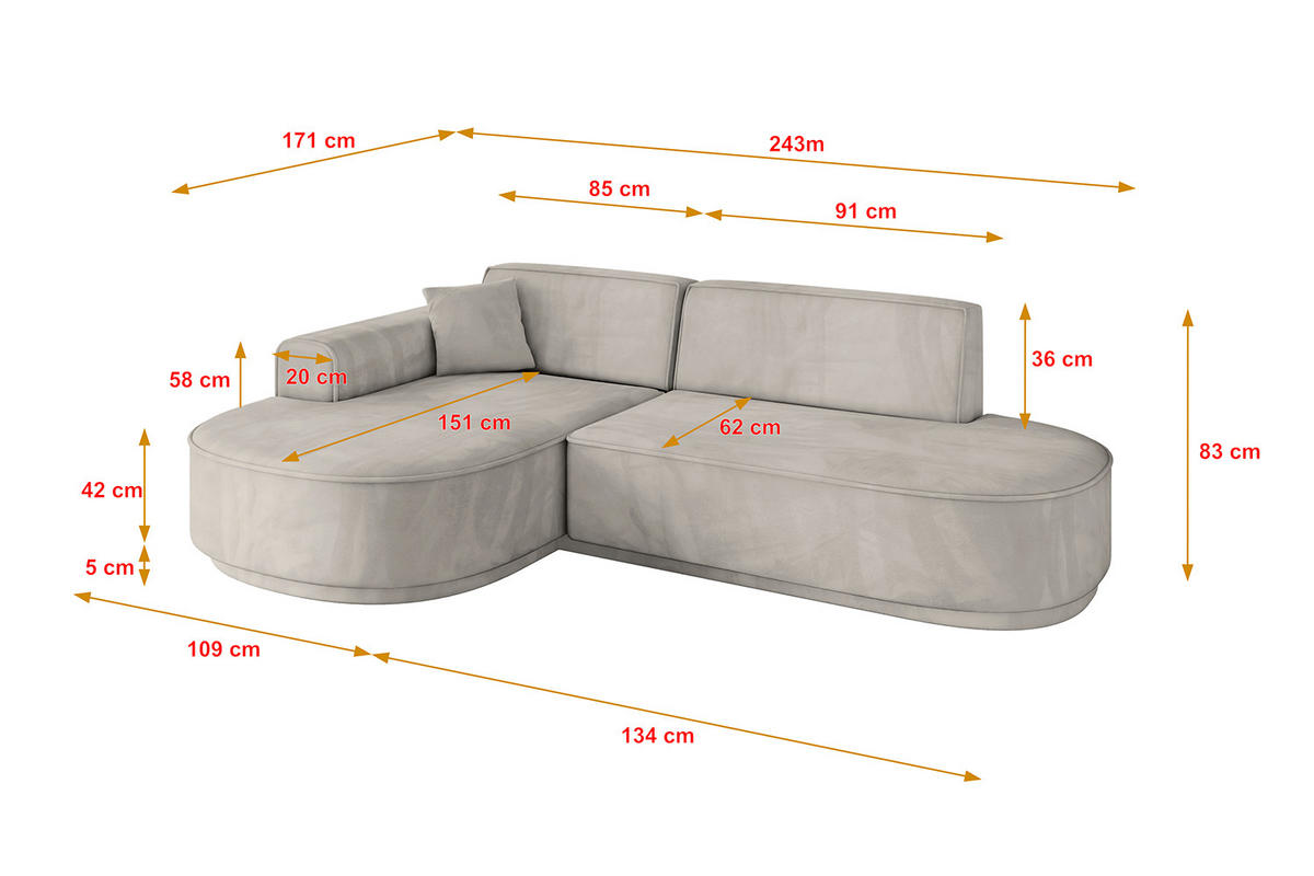 ECKSOFA Ottomane Links MARI-L1-v3 - 243x171x83 cm Hellbraun Velours - Hellbraun/Schwarz, Holzwerkstoff/Kunststoff (243/171cm) - ALTDECOR