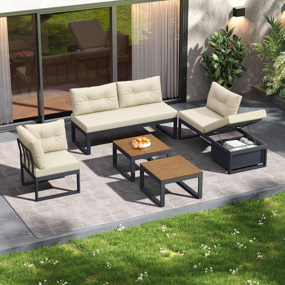 SOFASET modular mit Liegefunktion und Stauraum Beige - Beige, Metall - Beauniv