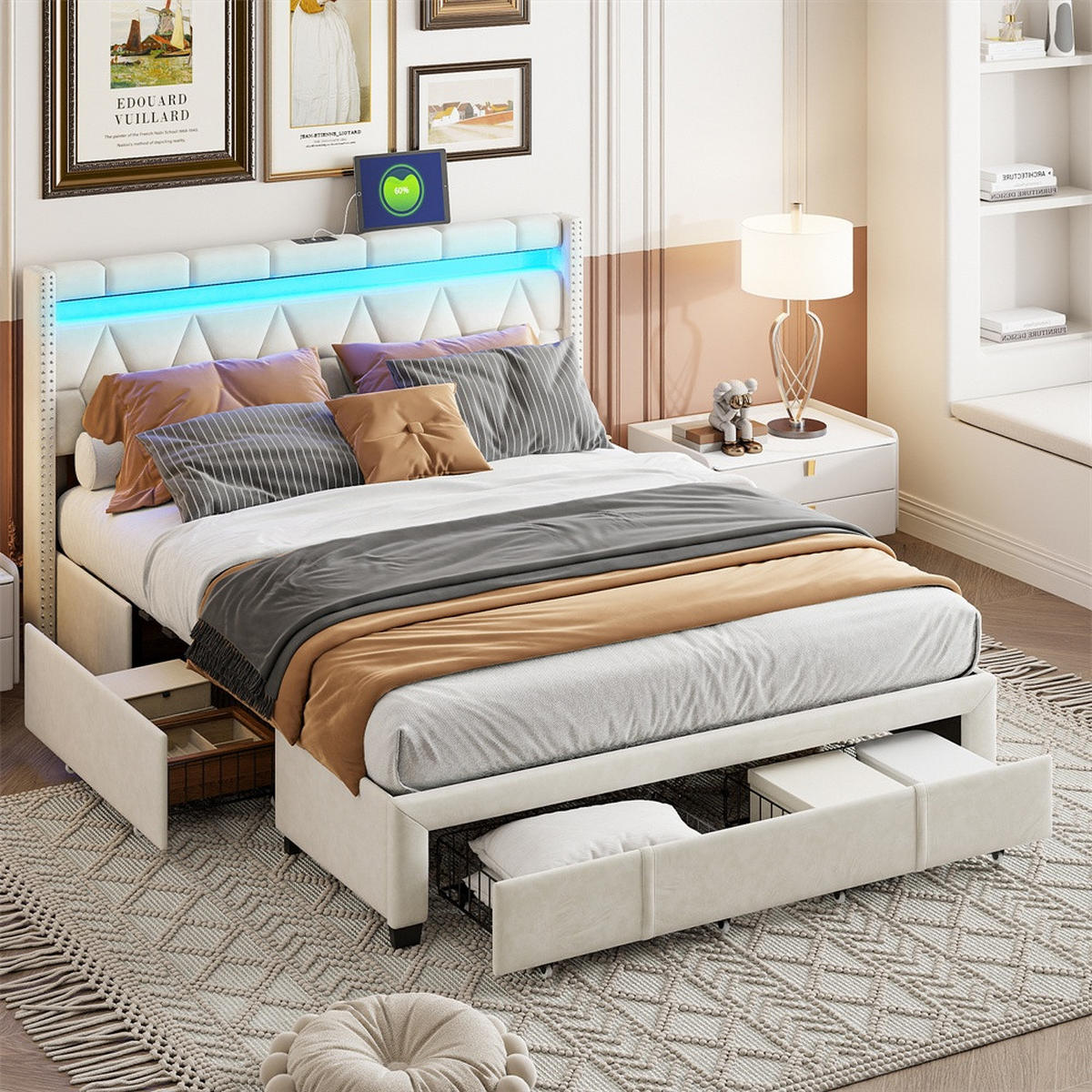 POLSTERBETT 160x200 cm - mit LED-Kopfteil, USB-Ladefunktion und 4 Schubladen - ohne Matratze - Beige - Beige, Textil (160/200cm) - DELFA