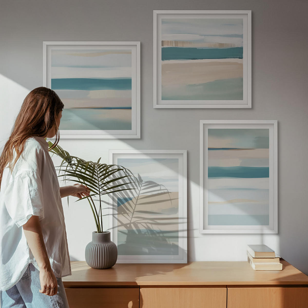 BILDER SET 4er Set - 50x50 cm & 40x60 cm Weißer Rahmen - Abstrakte blaue Landschaften - Weiß, Kunststoff (50/50cm) - TULUP