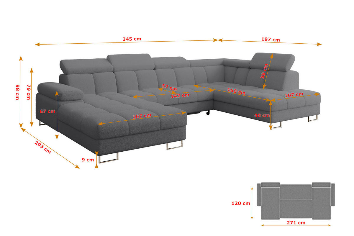 WOHNLANDSCHAFT mit Schlaffunktion und Bettkasten Ottomane RECHTS COMA U 345x203x79 Grau Bouclé - Chromfarben, Holzwerkstoff/Textil (203/79/345cm) - ALTDECOR