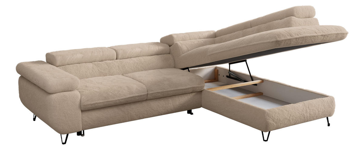 ECKSOFA PETER L Beige Plüsch - Rechts Seite - Beige/Schwarz, Textil/Metall (273/208cm) - MKS