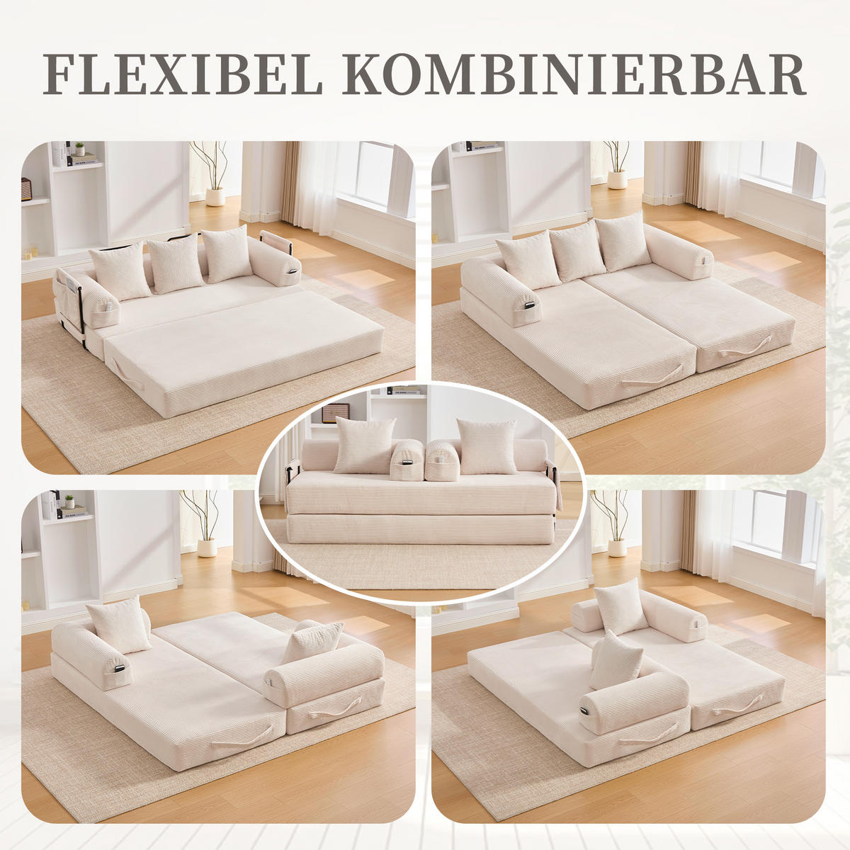 SCHLAFSOFA 200/94/67 cm Beige mit Seitentaschen plus und 3 Kissen - Beige, Textil (200/67/94cm) - Oxeza
