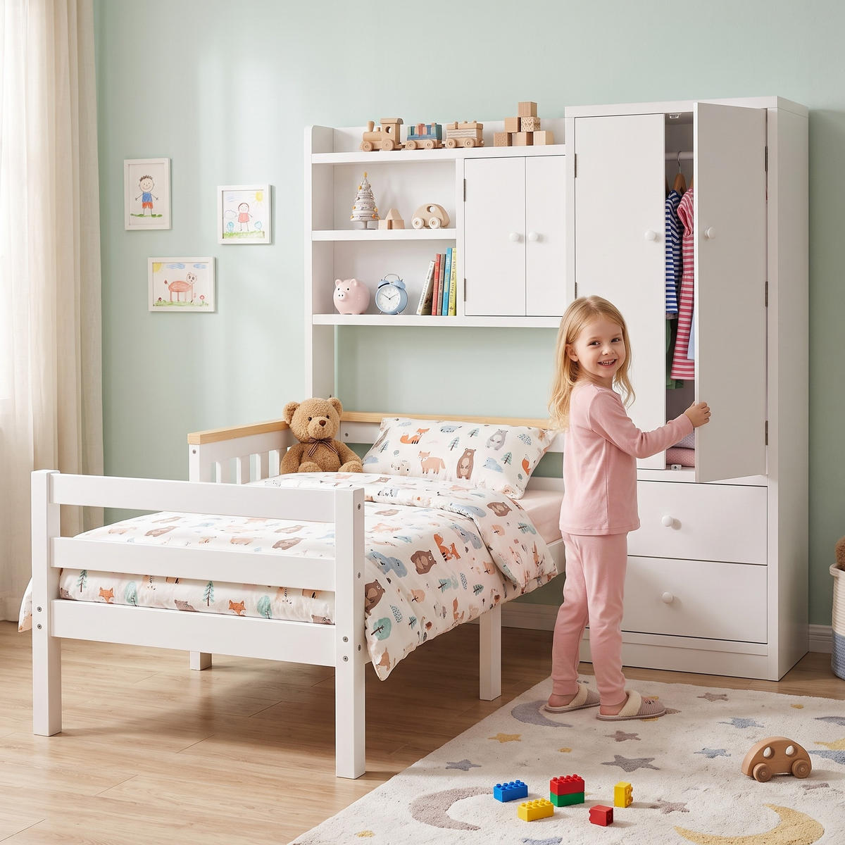 KINDERBETT 90/200 mit Kleiderschrank, Rausfallschutz & Schubladen, Holz, Weiß - Weiß, Holz (90/200cm) - LVHOM