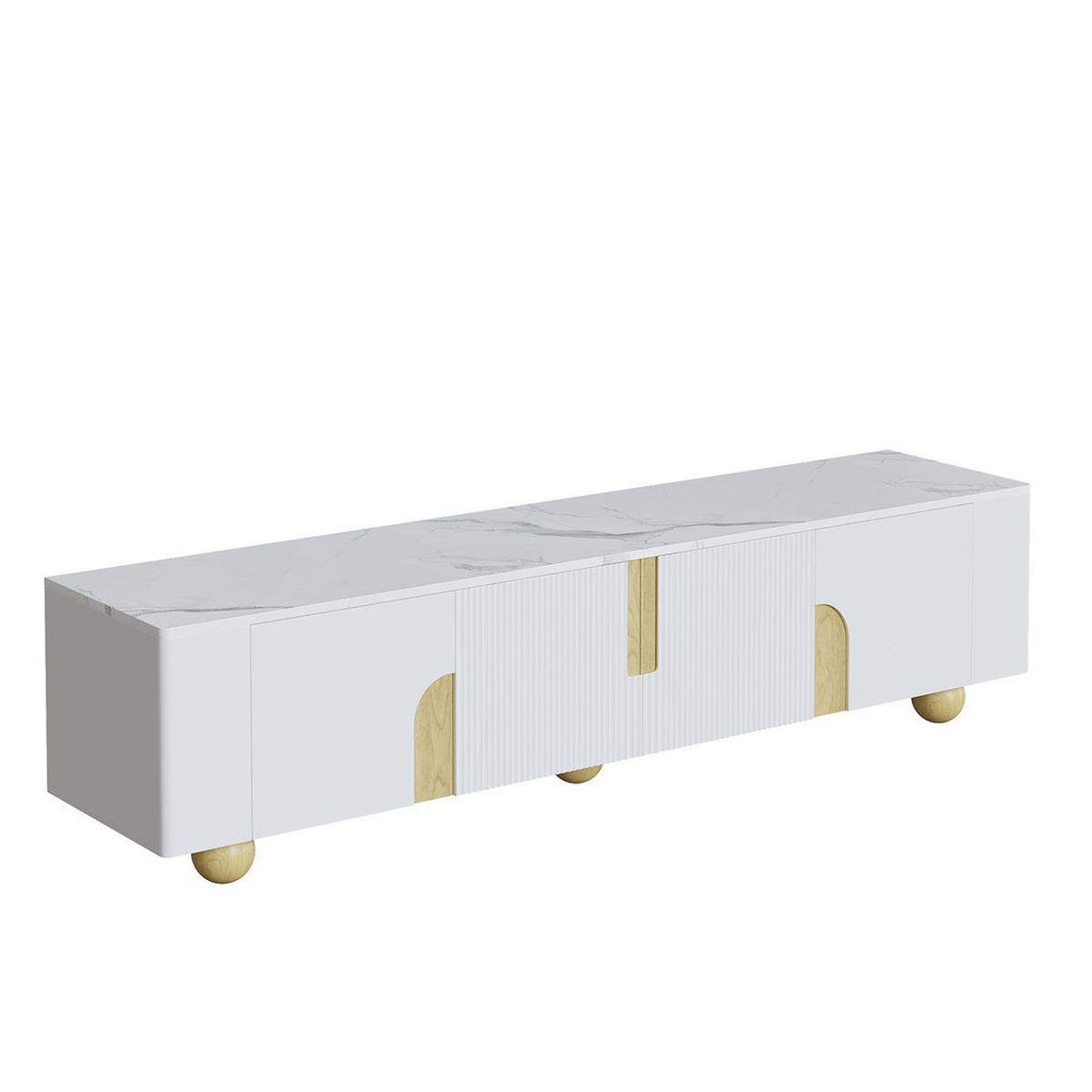 TV-SCHRANK 180cm Weiß 4 Türen Marmoroptik kugelförmige Holzfüße - Weiß, Holz (43.99/35.18/50.8cm) - FLIEKS