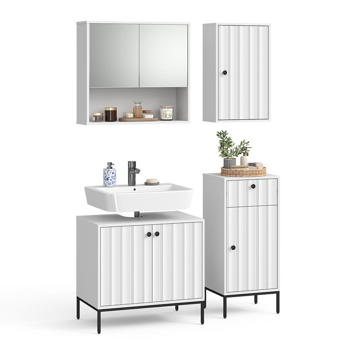 BADMÖBEL-SET Eliza Weiß Riffel 4 Teile - Weiß, Holzwerkstoff (70/65/45cm) - Vicco