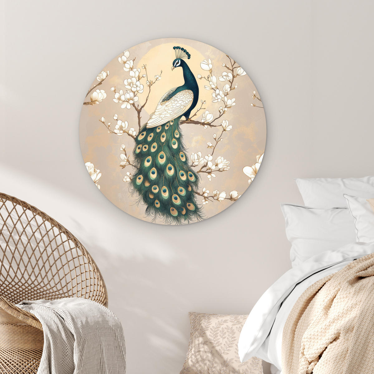 WANDBILD Pfau - Zweig - Blumen 90x90 cm - Champagner, Kunststoff (90/90cm) - MuchoWow