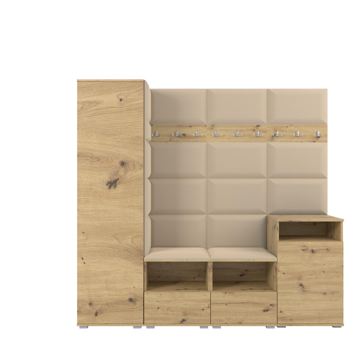 GARDEROBE NELA X 200 cm (Modulare Flurmöbel Artisan Eiche mit Sitzpolster Beige 04 Schrank + Sidelboard) - Beige/Silberfarben, Holz/Holzwerkstoff (200/187/40cm) - Ravio