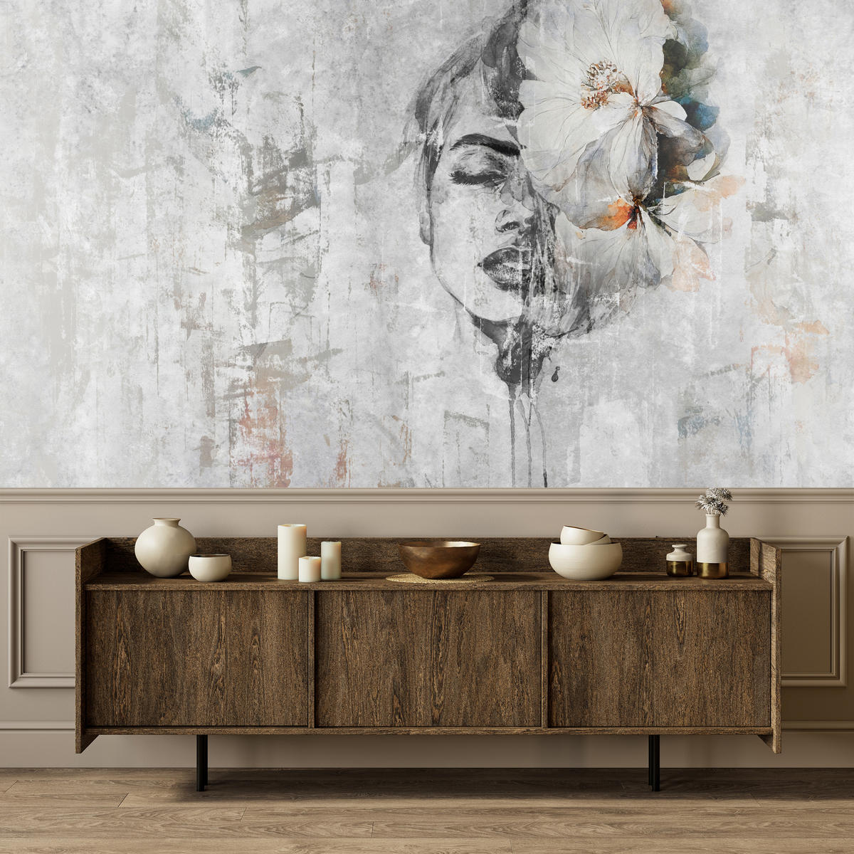 FOTOTAPETE für Schlafzimmer Frau Porträt Blume Beton Abstraktion 200x140 - Blau/Orange, Papier (200/140cm) - Muralo