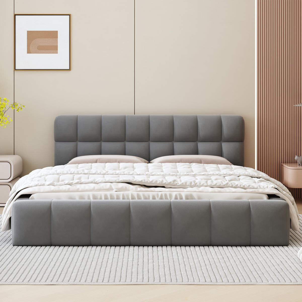 POLSTERBETT 140/190 cm mit Rückenlehne in Grau, Doppelbett mit Lattenrost - Grau, Textil (140/190cm) - OKWISH