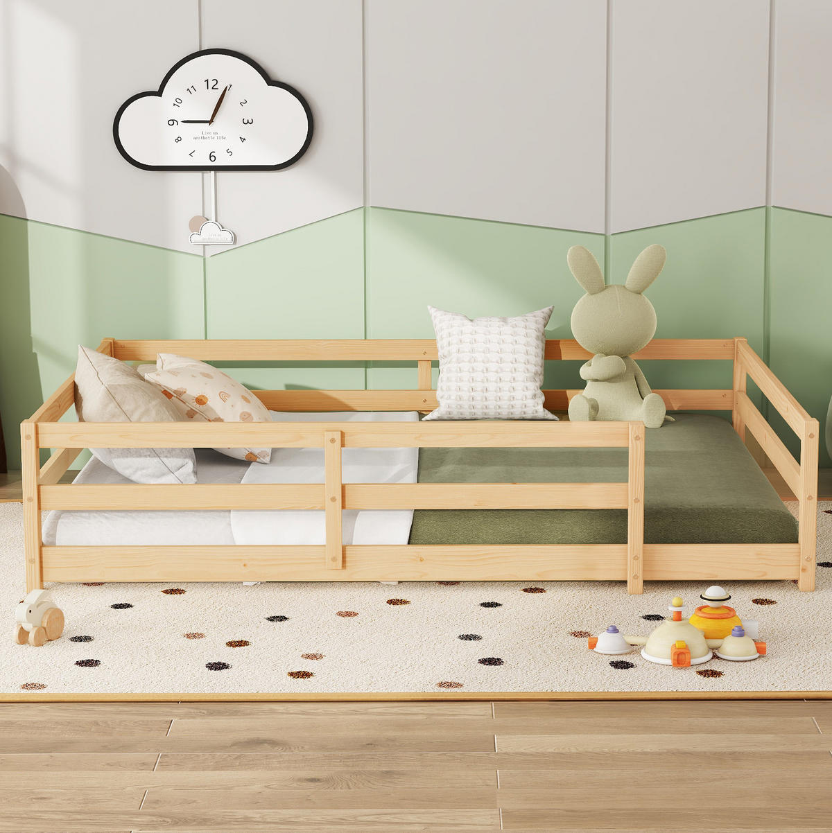 KINDERBETT 140/200 cm aus Kiefer Massivholz mit 4-seitiger Umrandung Natur - Naturfarben, Holz (140/200cm) - Modenvie