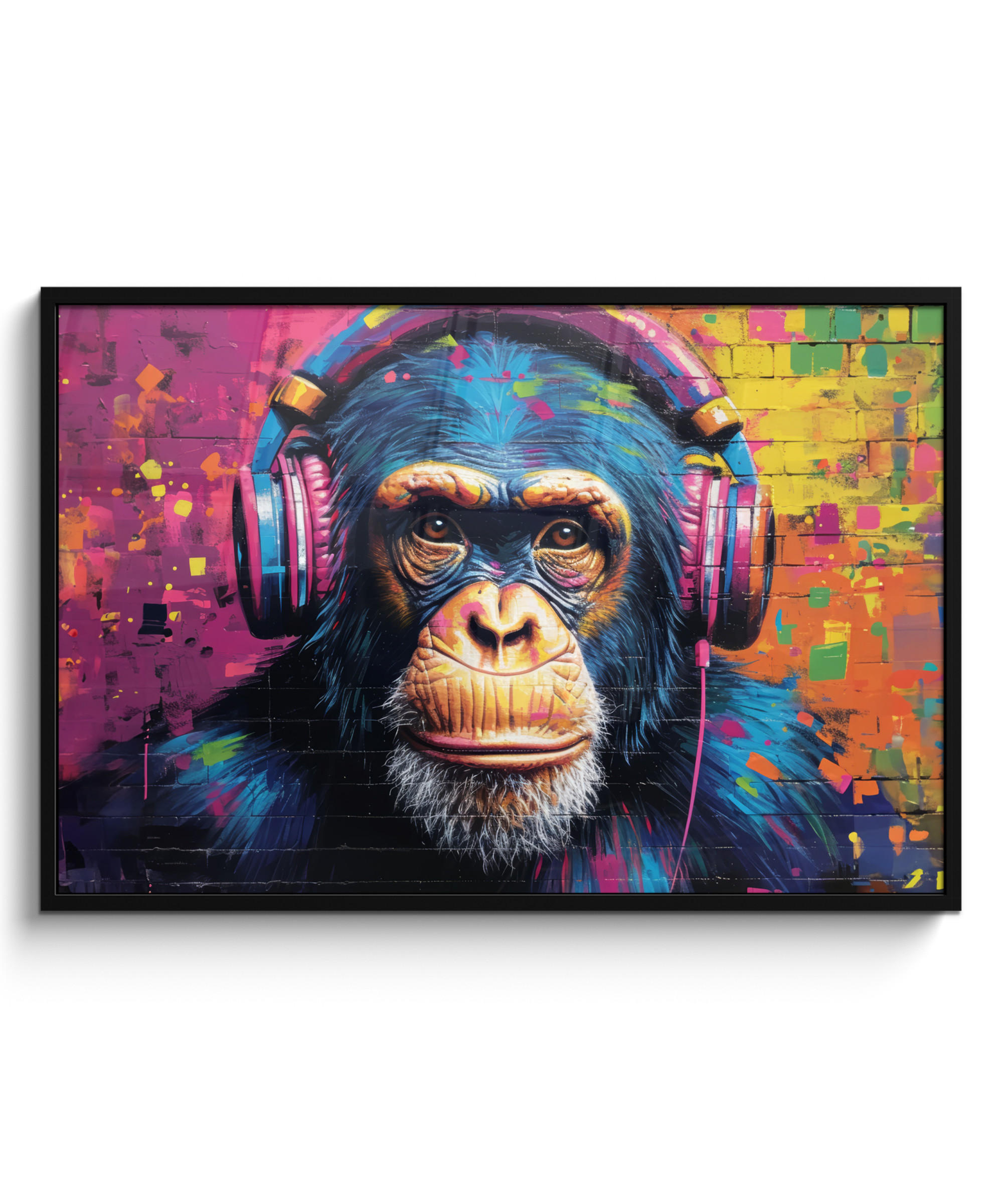 POSTER MIT RAHMENGERAHMTES BILD - Graffiti - Schimpanse - Straßenkunst - Kopfhörer - Affe - 120x80 cm - Blau, Papier (120/80cm) - MuchoWow