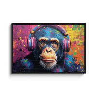 POSTER MIT RAHMEN Graffiti - Schimpanse - Straßenkunst - Kopfhörer - Affe 120x80 cm - Blau, Papier (120/80cm) - MuchoWow