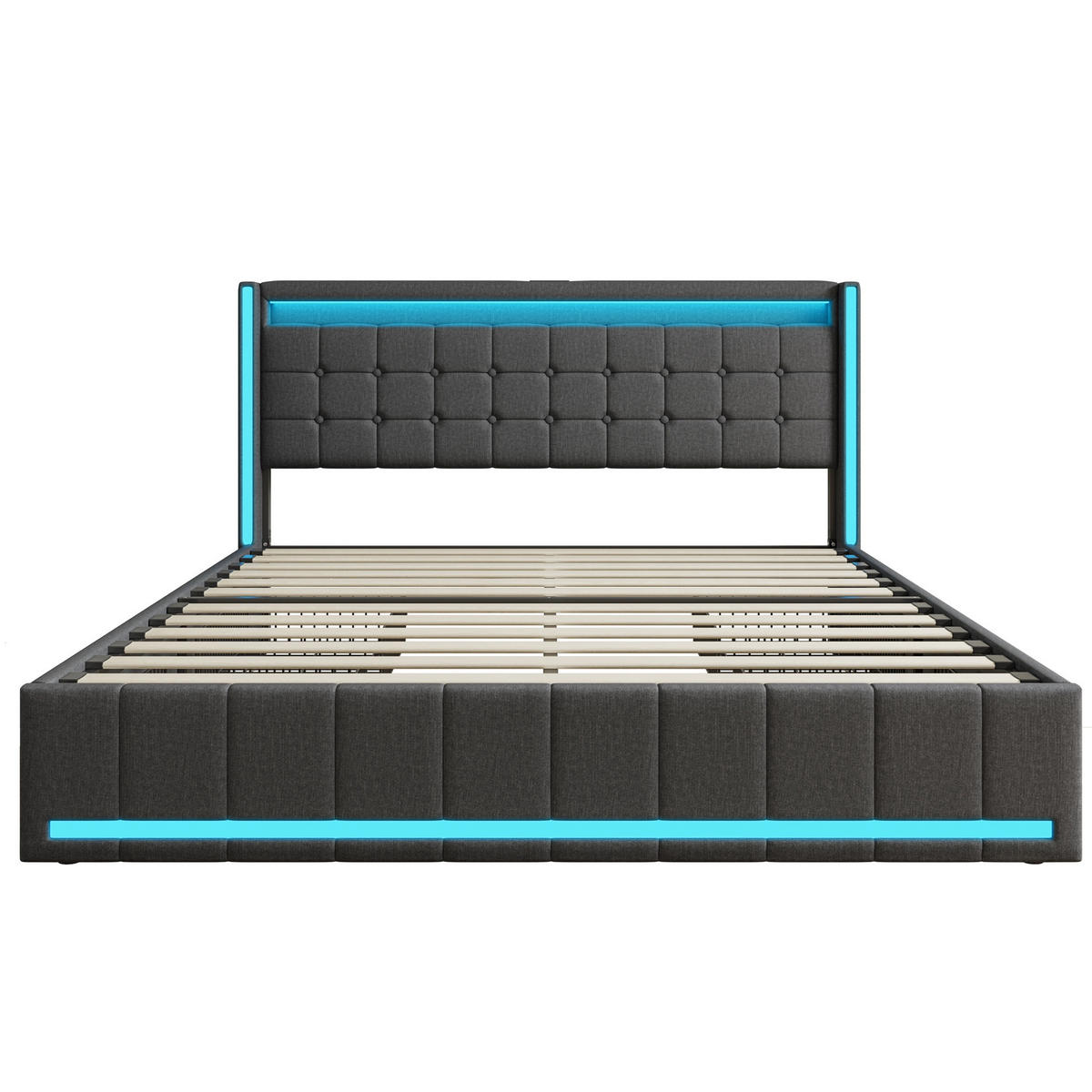 POLSTERBETT 140x190 cm Lumina Smart mit 3-Zonen RGB-LED, USB & USB-C, 4 Schubladen, Leinen-Optik, Dunkelgrau - Grau, Textil (140/190cm) - DELFA