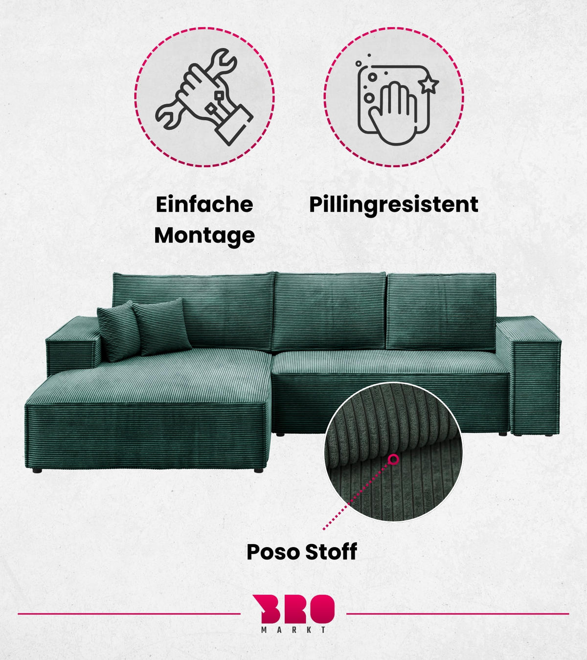 ECKSOFA Pablo mit Schlaffunktion Grün Cord - Grün, Textil (294/185cm) - Bromarkt