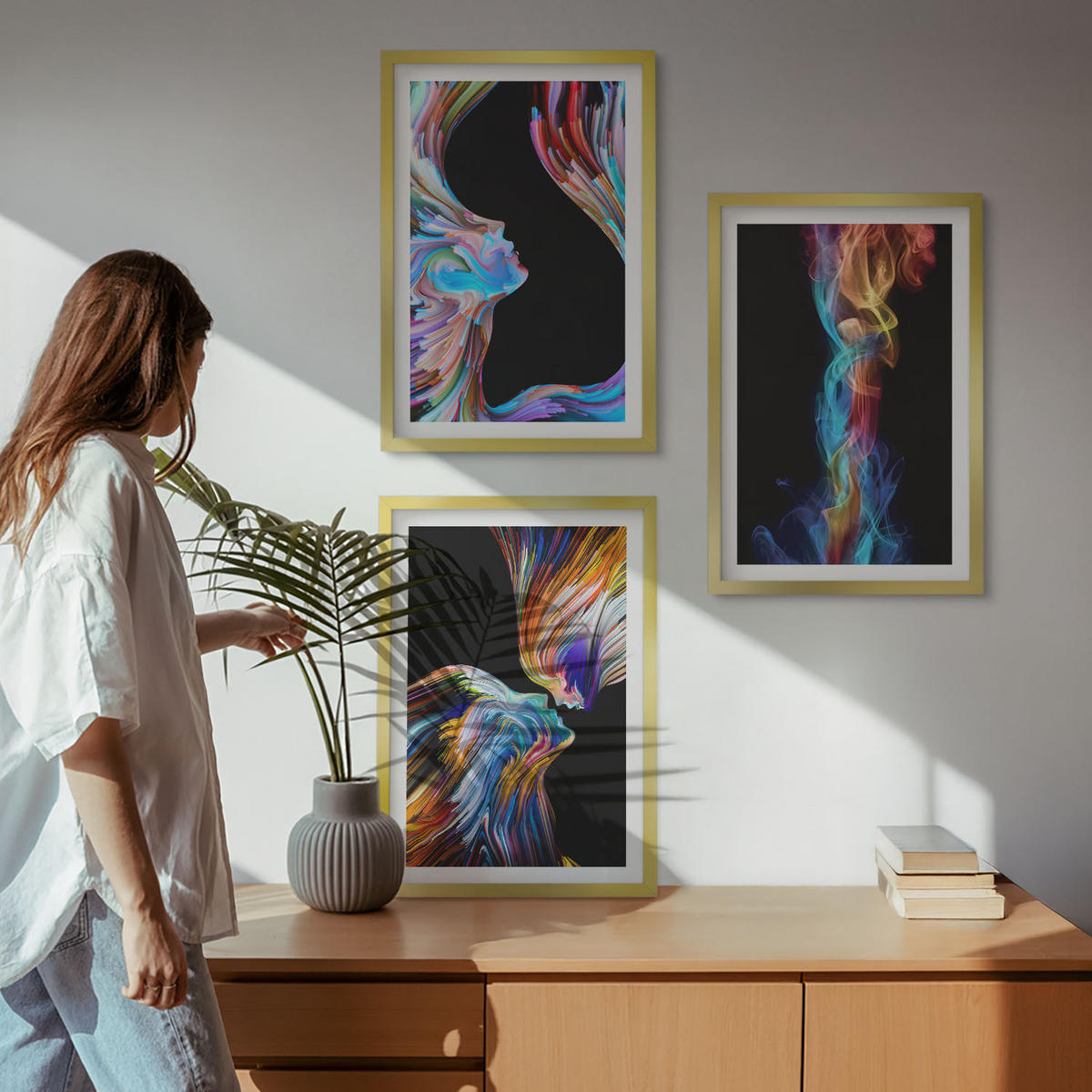 BILDER SET 3er Set - 40x60 cm Goldrahmen - Bunte abstrakte Gesichter - Goldfarben, Kunststoff (40/60cm) - TULUP