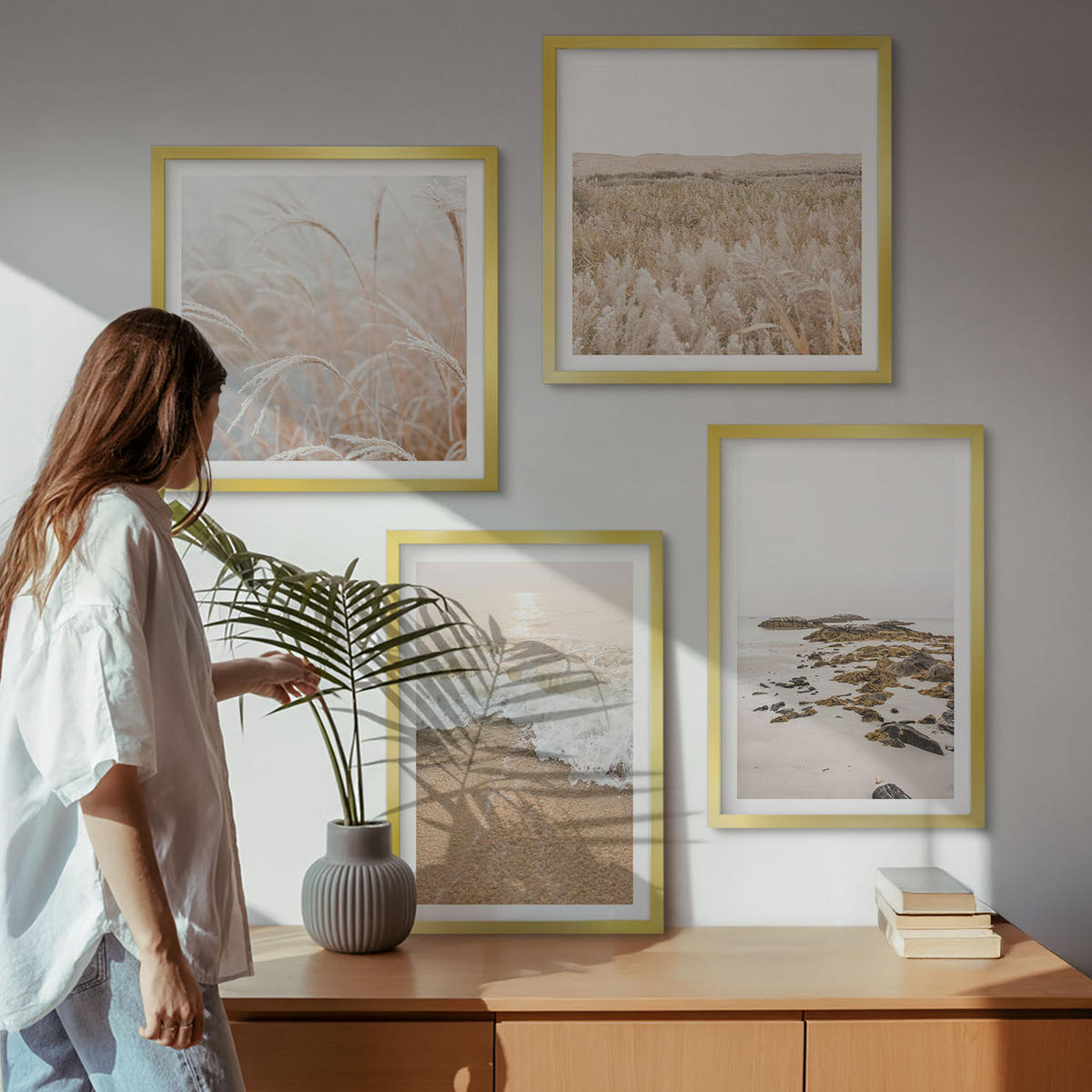 WANDBILDER 4er Set - 50x50 cm & 40x60 cm Goldrahmen - Strandwellen, Steine, Sommer - Goldfarben, Kunststoff (50/50cm) - ArtPrintCave
