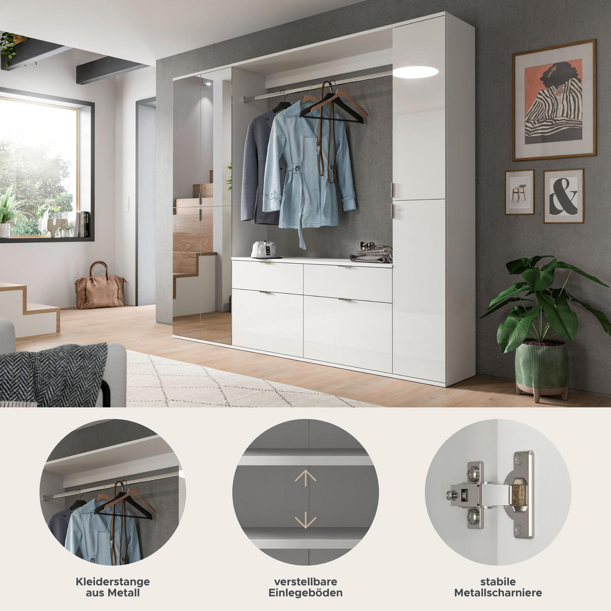 GARDEROBENKOMBINATION 3tlg. Projekt X Garderobe in weiß Nb. und weiß hochglanz B/H/T: 212x193x34 cm - Weiß, Holzwerkstoff (212/193/34cm)