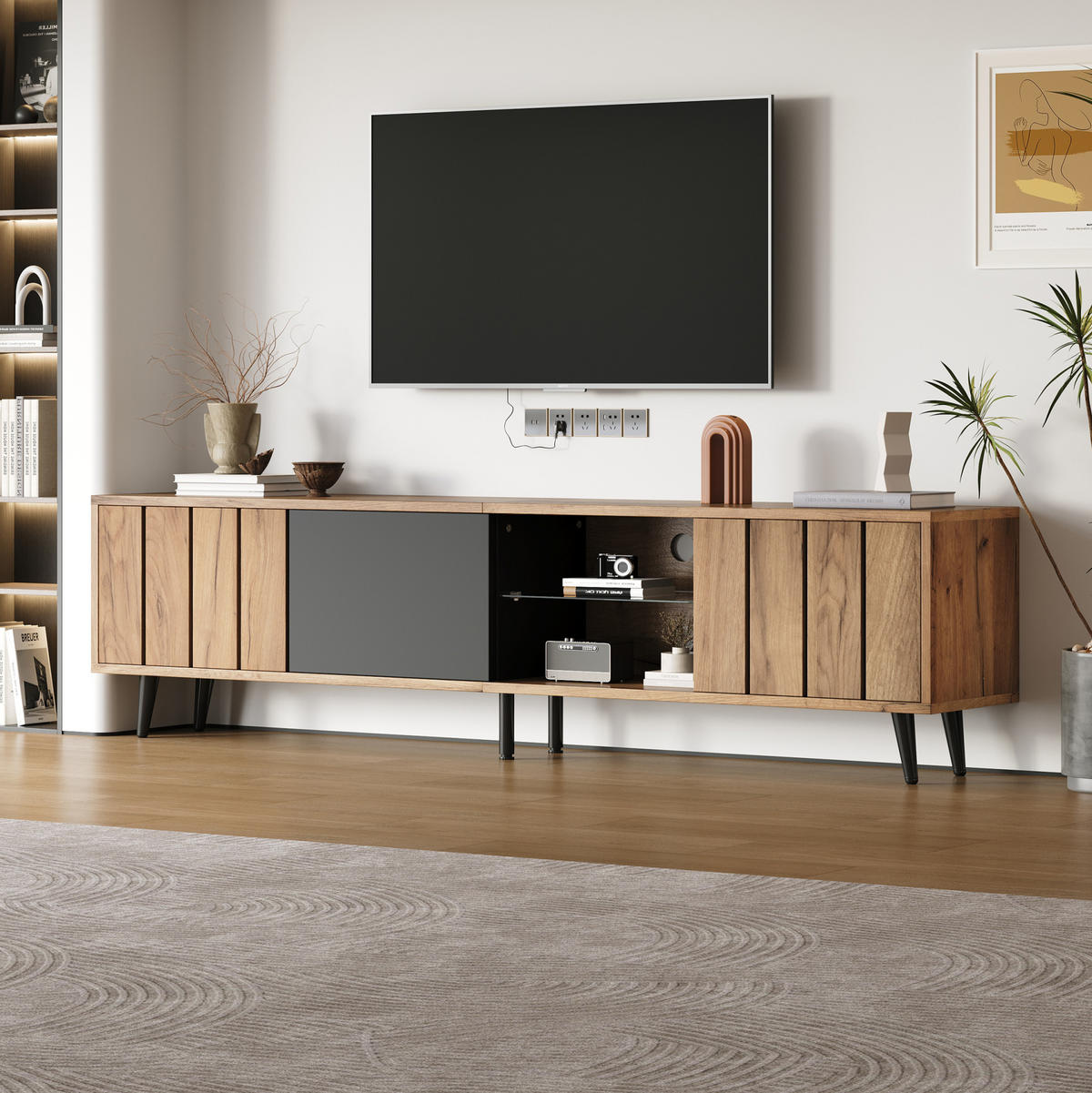 TV ormarić od iverice 175x31,5x45 cm prirodna boja i crna s 3 ormarića i kaljenim staklom za TV do 75 inča - svijetlo smeđa, drvni materijal (175/45/31.5cm) - Modfu