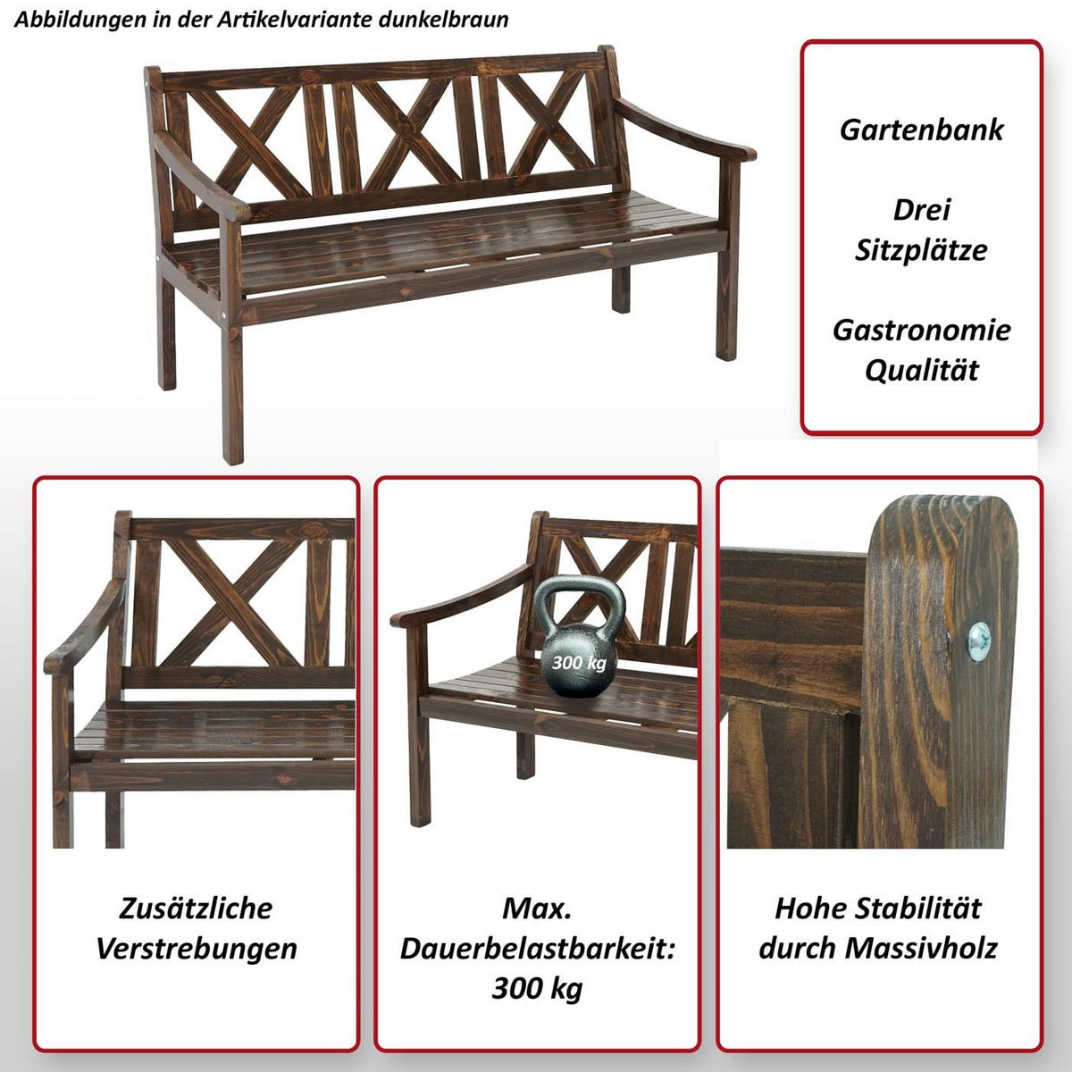 GARTENBANK Kopenhagen 91x160x61cm 3-Sitzer Dunkelbraun - Dunkelbraun, Holz (160/91/61cm) - PROREGAL