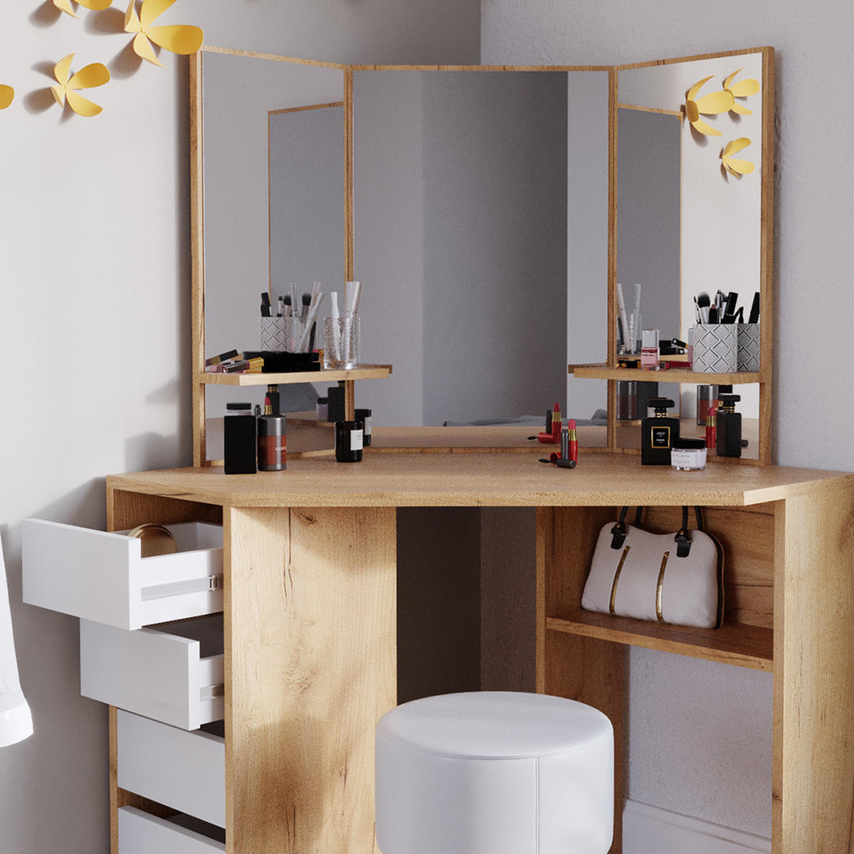 ECKSCHMINKTISCH Arielle Goldkraft Eiche 110 cm mit Hocker - Honigeiche, Holzwerkstoff (110/141.5/54cm) - Vicco