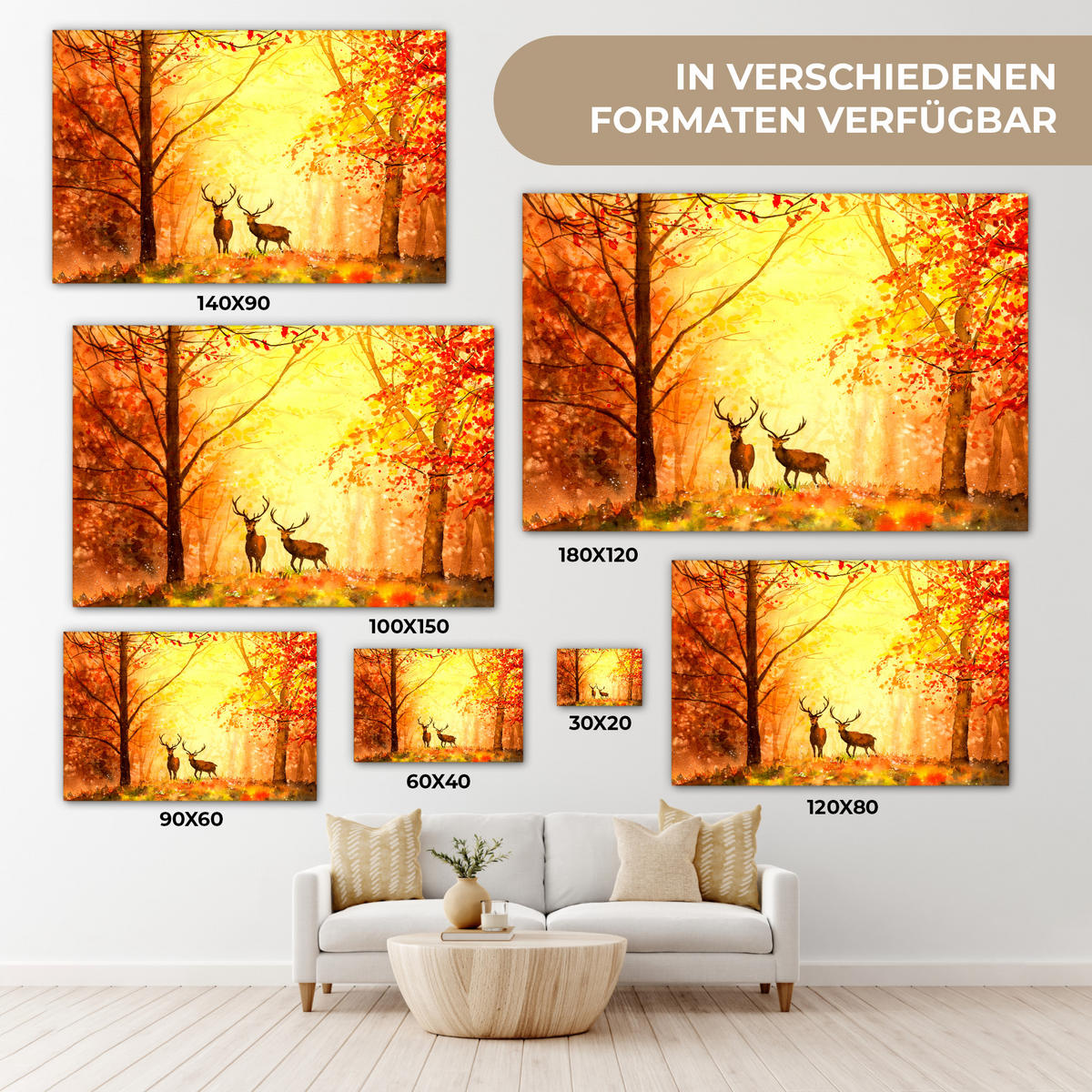 LEINWANDBILD Natur - Ölfarbe - Hirsche - Tiere - Herbst - Orange XXL 150x100 cm - Orange, Textil (150/100cm) - MuchoWow