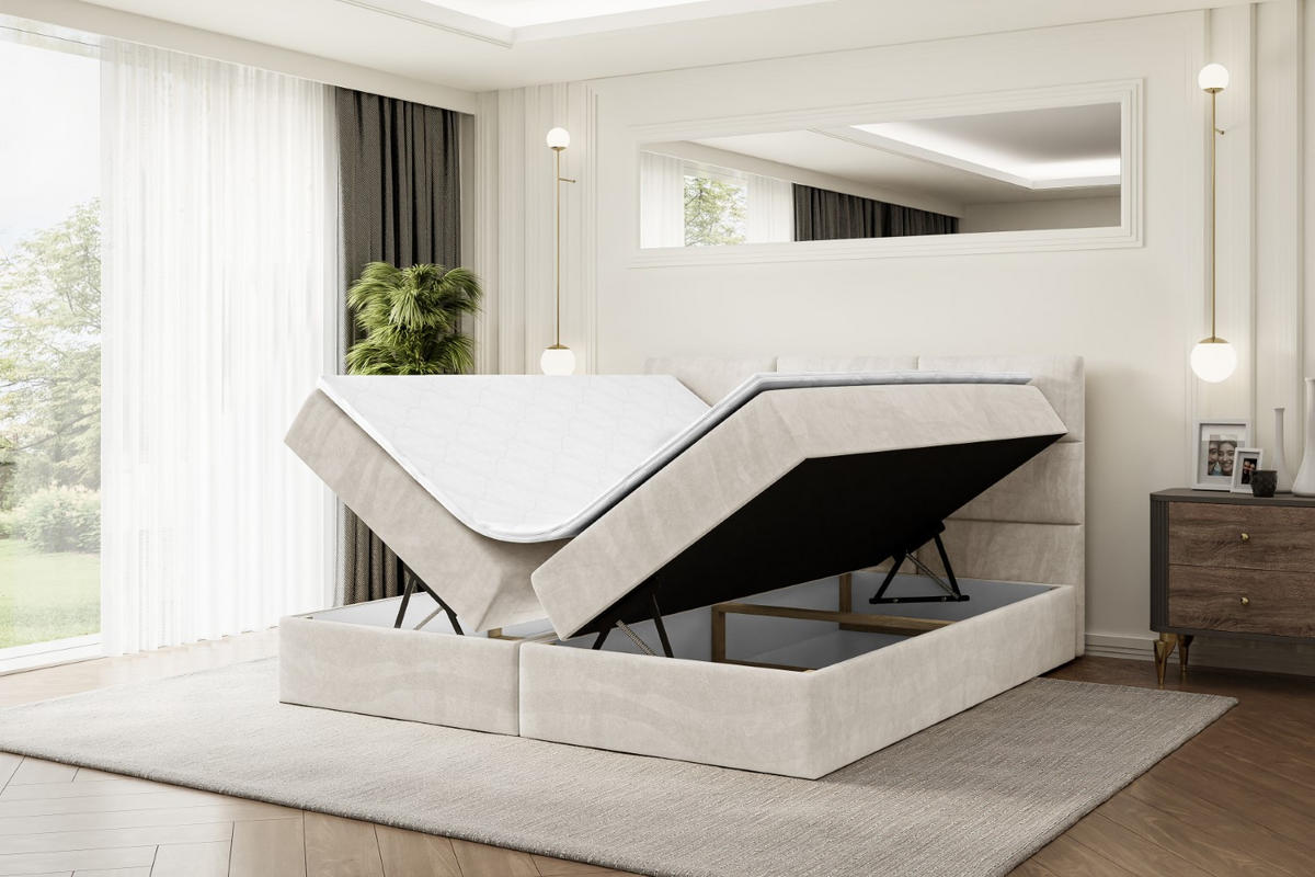BOXBETT mit Matratze H4 und Lattenrost - OHIO - 200x200 cm - H4 - Ecru - Ecru, Holzwerkstoff (200/200cm) - ALTDECOR