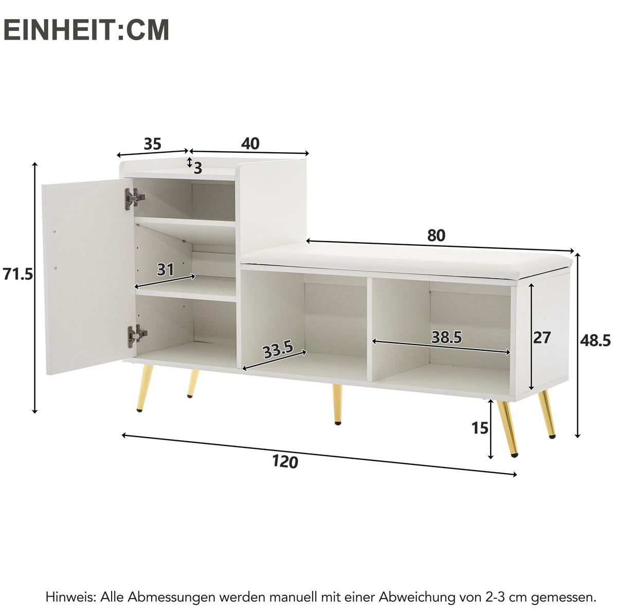 SCHUHSCHRANK 120/35/71,5 cm weiß aus Spanplatte mit Sitzbank - Weiß, Holzwerkstoff (120/71.5/35cm) - OKWISH
