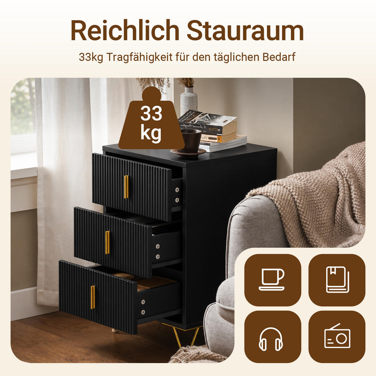 NACHTTISCH mit 3 Schubladen FBT115-L-SCHx2 - Schwarz, Holzwerkstoff (40/63/36cm) - SoBuy